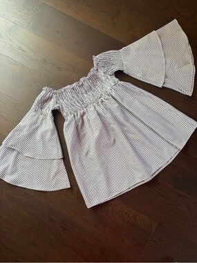 Alythea White and Blue Striped Off-Shoulder Bell Sleeve Top